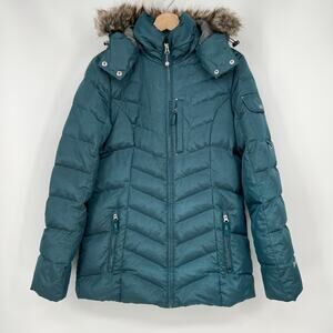 Eddie Bauer Goose Down Parka Puffer Coat Womens Tall Medium Green Hood Faux Fur